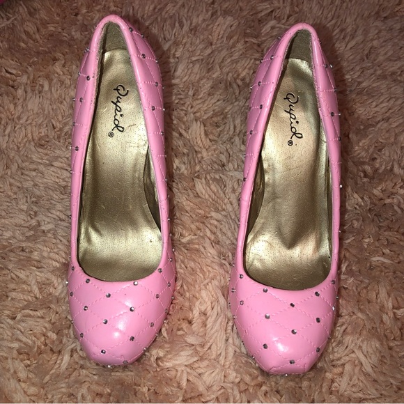 Hand Painted & Hand Studded Pink Quilted Rhinestone Heels - Picture 4 of 8
